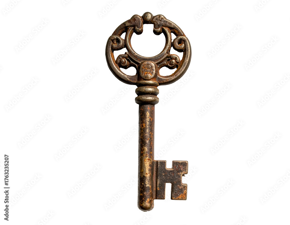 Obraz premium Antique, ornate skeleton key against a black background, with rust details