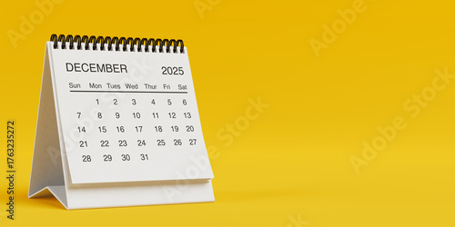 White Desk Monthly December 2025 Business Calendar. 3d Rendering