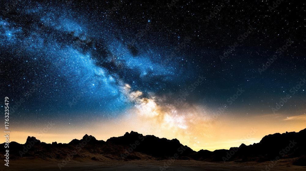 Fototapeta premium Majestic night sky filled with stars and vibrant galaxy above mountain silhouettes