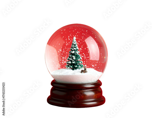 A glass globe houses a Christmas tree and miniature deer with snow, on a wooden base