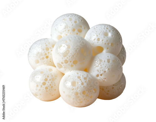 White, spherical foam cluster, resembling a frothy substance. Isolated on a black background