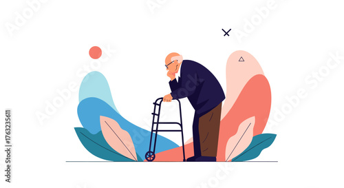 Elderly man using a walker for support walking slowly.