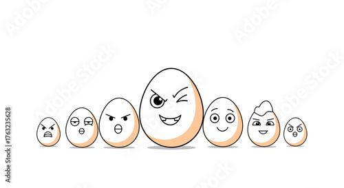 Egg characters with different expressions and emotions in a row.