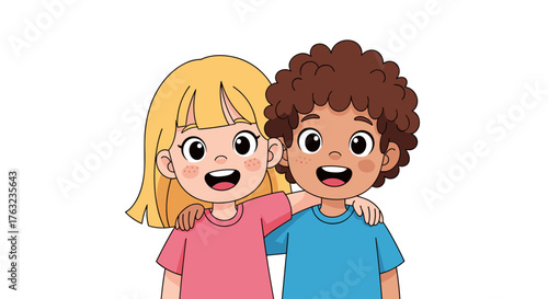 Two happy children with arms around each other.