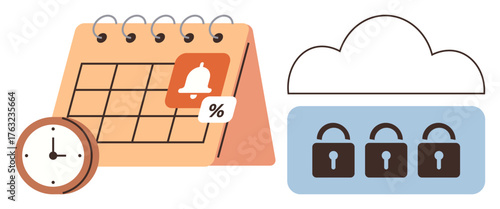 Calendar with notification and clock, cloud storage secured with locks. Ideal for scheduling, organization, cybersecurity, data protection, reminders, punctuality storage security. Simple flat