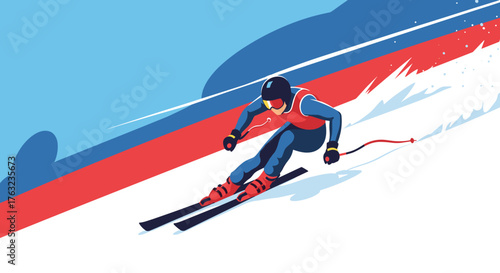 Skier Racing Downhill on Snowy Slope with Speed and Precision.