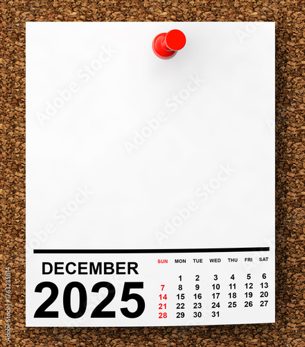 Calendar December 2025 on Blank Note Paper. 3d Rendering