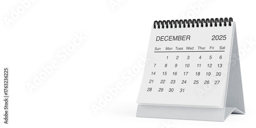 White Desk Monthly December 2025 Business Calendar. 3d Rendering