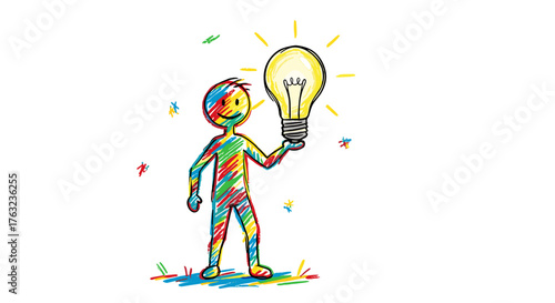 Crayon drawing of stickman holding a light bulb, idea and creativity concept, colorful childlike vector, white background