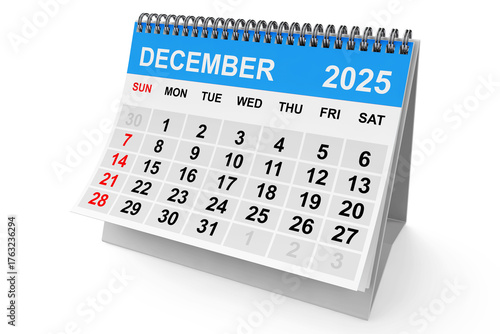 2025 Year December Calendar. 3d Rendering
