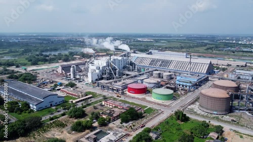  4K drone flight showing an indian chemical plant.  Global Warming Pollution Climate of Change and Air Pollution concept.