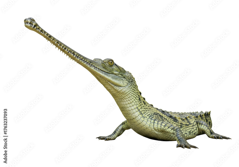 Naklejka premium Isolated Juvenile Gharial Resting Upright, a Critically Endangered Crocodile Species of India