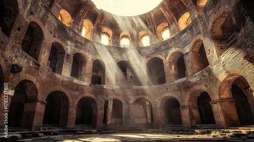 Interior of a Roman amphitheater with light streaming through arches