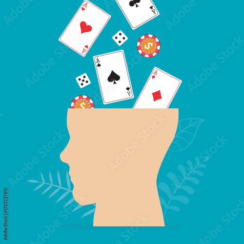 Cards, dice and chips rain down on human head. Problem of gambling, ludomania, behavioral addictions. Person suffering gambling addiction. Social issues, dependence.