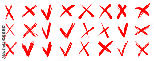 Brush stroke X cross mark and checkmark. Hand drawn Doodle brush cross, ban, refusal. Marker sketch. Highlighting text and important objects.  Stock vector illustration isolated on white background.