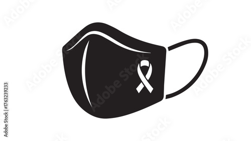 Protective mask with small ribbon tab, minimal black safety icon for prevention, clinic signage, and public health campaigns