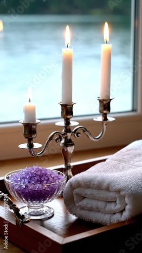 Serene Relaxation Scene With Burning Candles and Lavender Bath Salts By A Lake On A Cloudy Day