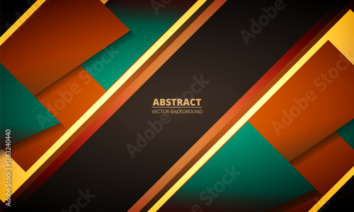 Abstract dark modern geometric background with brown and green diagonal shapes and yellow lines. Vector illustration