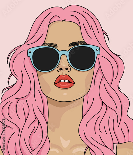 Portrait Illustration of Beautiful Young Woman with Pink Wavy Hair, Red Lips and Light Blue Sunglasses Isolated on Pink Background