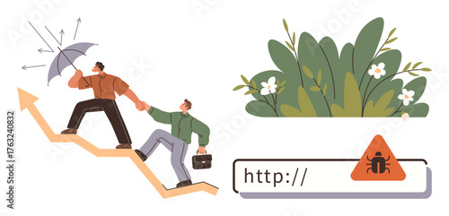 Two people climbing arrow-shaped path as one shields both with umbrella, surrounded by plants and web browser error. Ideal for teamwork, growth, nature, security, leadership, challenges strategy. A