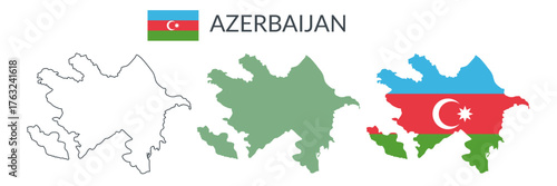 Azerbaijan country geographical borders isolated on white background. Flag of Azerbaijan. Vector flat cliparts.