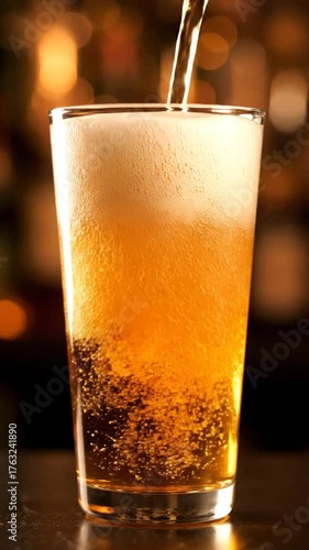 Golden Amber Beer Poured Into Tall Clear Glass Creating Frothy Head With Bubbles Rising Dark Bar Background Soft Bokeh Lighting