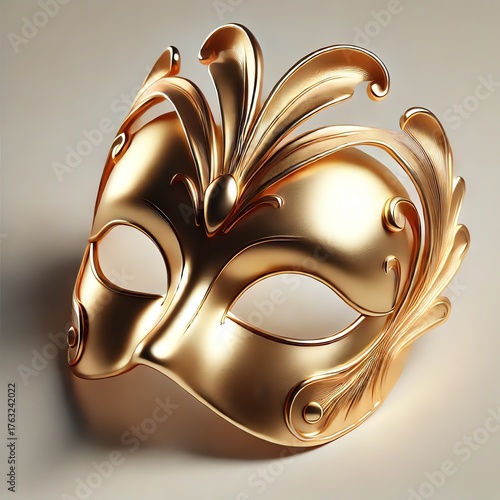 A luxurious golden masquerade mask with a smooth, polished metallic finish, floating against a soft white background