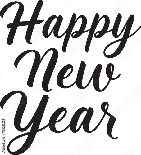Black cursive script spelling " Happy New Year" with flowing decorative elements on a white background
