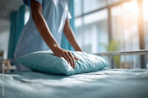 Healthcare worker carefully arranges fresh pillow on a hospital bed. Free Download Healthcare worker carefully arranges fresh pillow on a hospital bed. - GFXLoad
