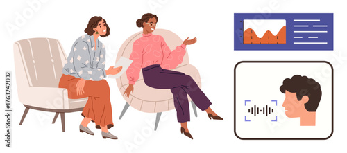 Two women having a discussion while seated in modern chairs, with charts and voice recognition visuals nearby. Ideal for communication, teamwork, data analysis, technology, innovation, discussion