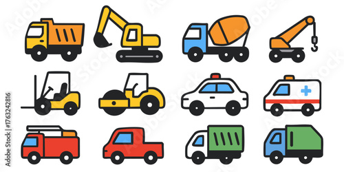 働く車アイコンセット（フラットデザイン）	
