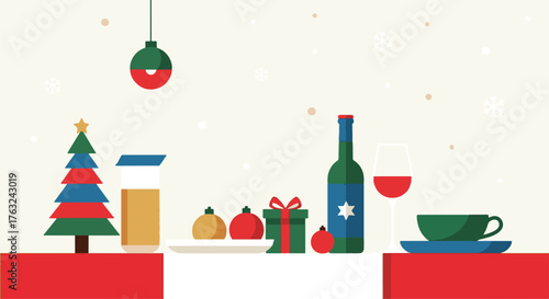 Festive holiday dinner table setting with wine, gifts, and a Christmas tree in a modern flat design style