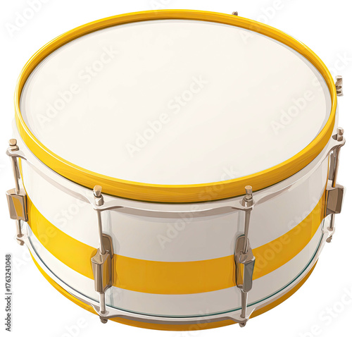 Isometric view of a bright white and yellow drum with a taut, reflective surface