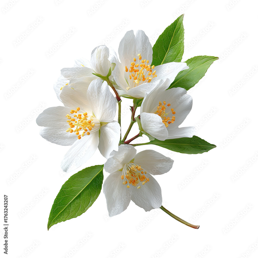Obraz premium Close-up of fragrant white blossoms with yellow centers, green leaves, and a black background
