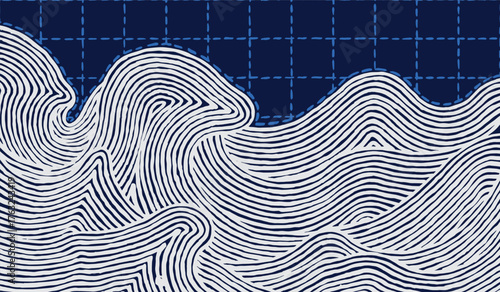 Hand drawn brush lines abstract waves and water with sashiko stitches pattern, Japanese folk, ethnic wood carving, embroidery texture background, simple graphic for textile, carpet