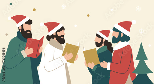 Group of bearded men in Santa hats singing Christmas carols in a festive flat illustration style