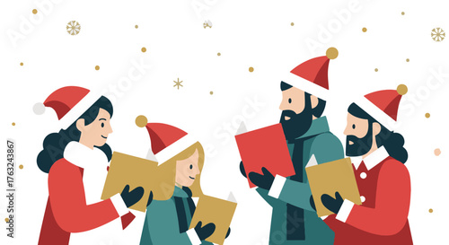 A joyful family of carol singers in Santa hats celebrating the holiday season. Flat vector illustration