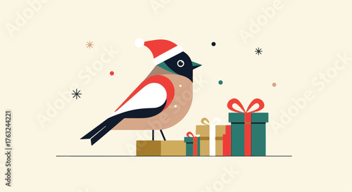 Charming flat design illustration of a bullfinch in a Santa hat with Christmas gifts for the holidays