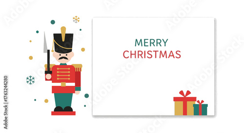 A charming flat vector illustration of a Christmas toy soldier nutcracker on a festive holiday greeting card template