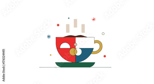 A flat design conceptual illustration of a coffee cup made of puzzle pieces symbolizing connection and ideas