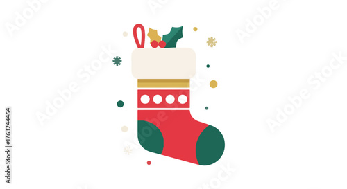Decorative Christmas stocking with holly and presents, festive holiday sock in a simple Flat vector illustration