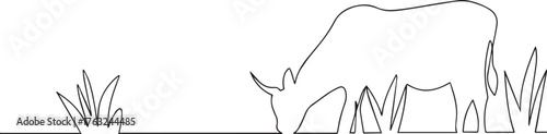Cow eating grass one continuous line art, Vector illustration, One line art, Line art graphic style