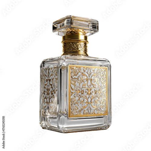 Ornate clear glass perfume bottle with gold detailing, lit from behind. Intricate, regal and luxurious. On black backdrop