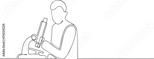 Scientist holding a microscope one continuous line art, Vector illustration, One line art, Line art graphic style