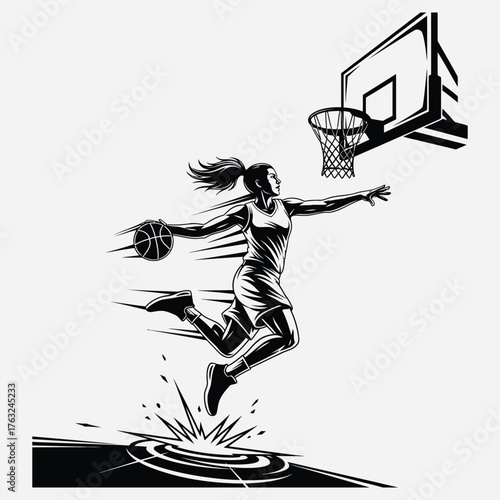 Dynamic Basketball Action Woman Slam Dunking with Precision and Speed in Striking Black and White