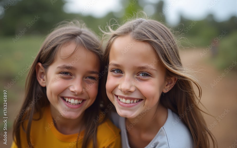 Obraz premium Cute pupils smiling down at camera outside. High quality