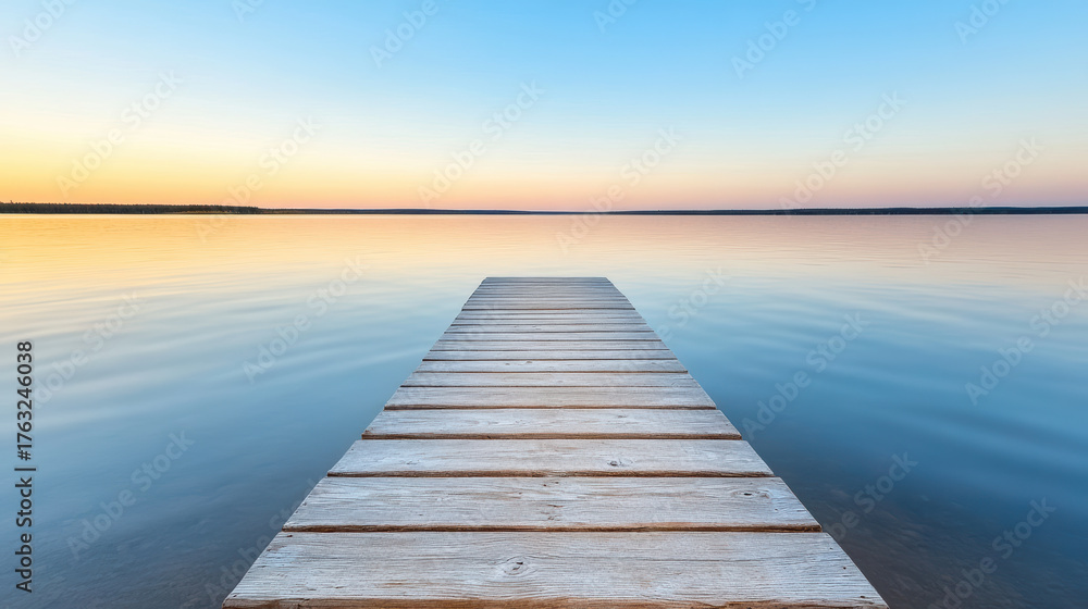 Fototapeta premium Calm lake with wooden dock at sunset, reflecting serene colors of twilight