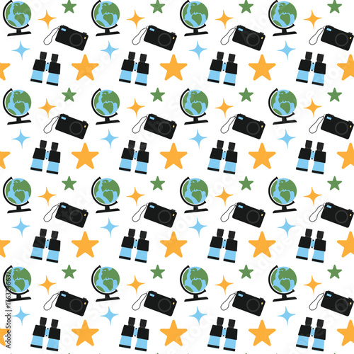 Travel photography camera binoculars and globe seamless pattern for magazines and merch