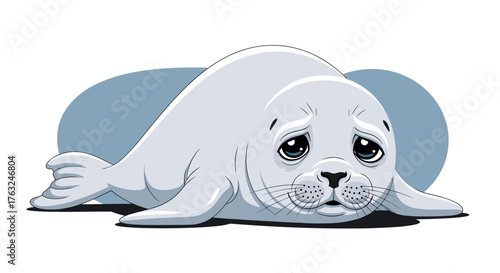 Sad seal pup lying down with a melancholic expression.