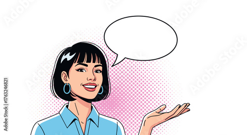 Woman with speech bubble presenting something with her hand.